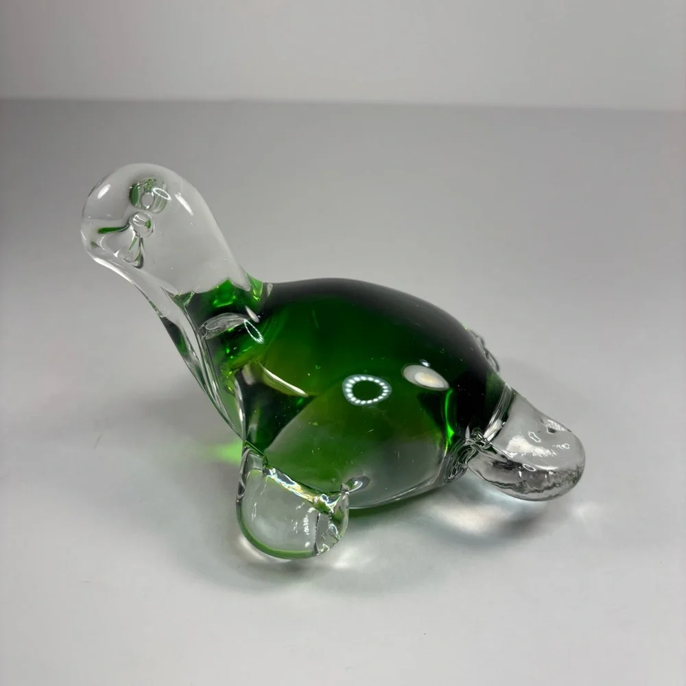 Green Glass Animal Figurines turtle dolphin,‎ vintage paperweight set of 2